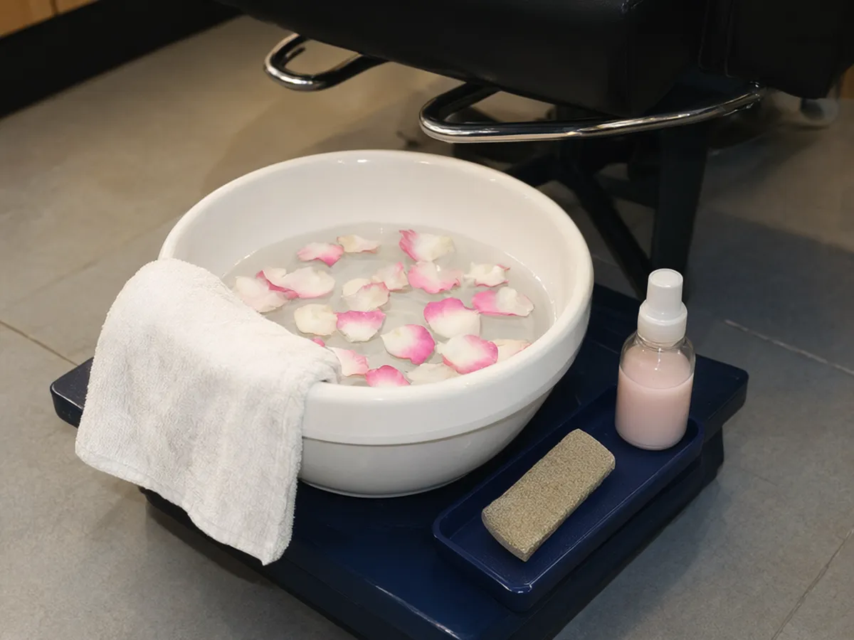 A white porcelain foot basin of water and floating rose petals on a navy step at the foot of a black pedicure chair