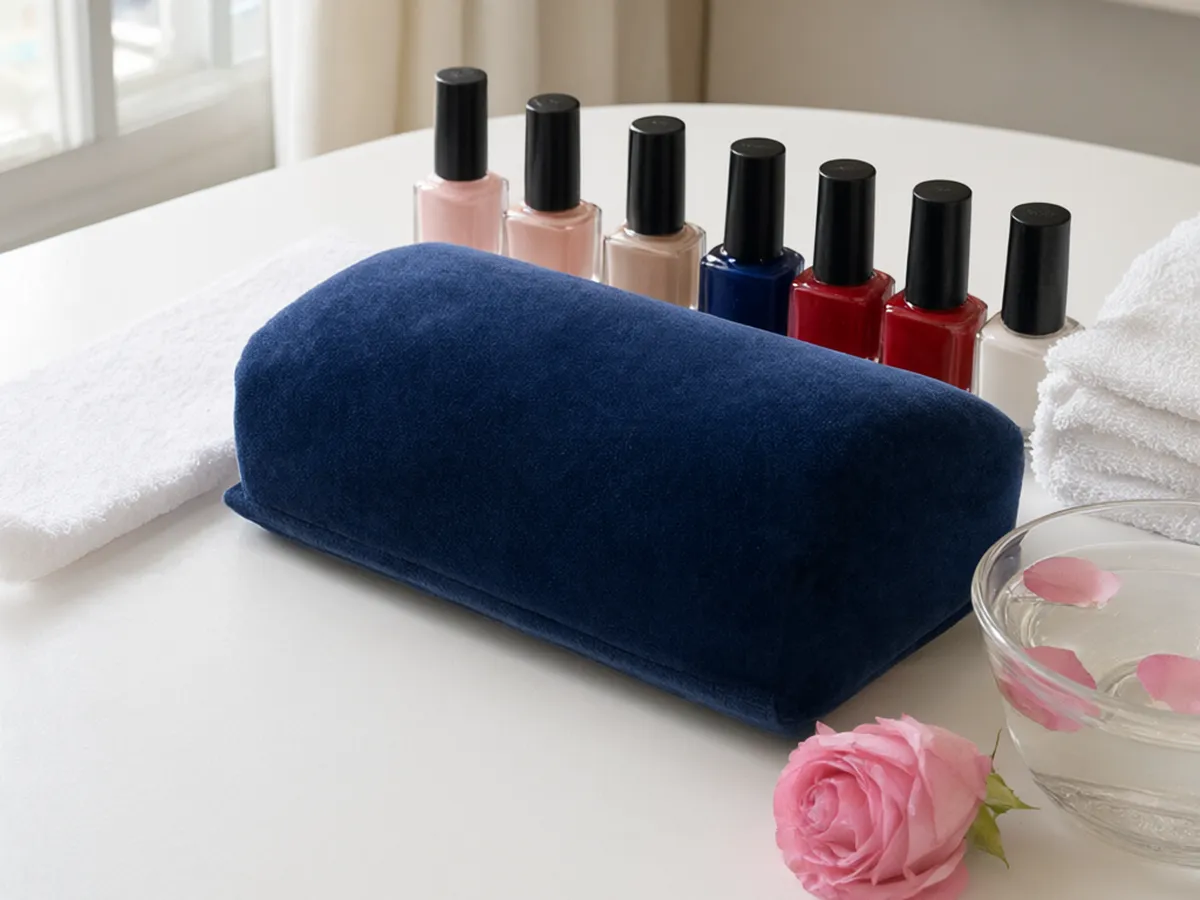 A white manicure table with a navy velvet wrist cushion, polish bottles in blush, nude, navy and red, and a pink rose