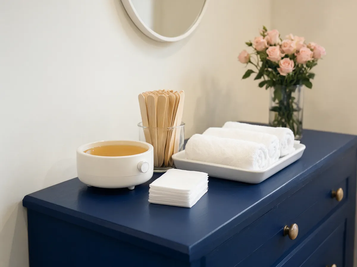 A waxing station with a wax warmer, wooden spatulas in a glass jar and rolled white towels on a navy cabinet